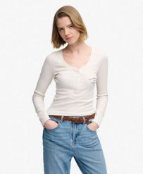 Superdry Długi Top z Guzikami Slim Fit – Desert Bone Off White. Białe topy sportowe damskie Superdry., bez wzorów, z bawełny, bez ramiączek. Za 179.40 zł.