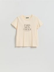 T-shirt z nadrukiem - kremowy. Białe t-shirty damskie Reserved, l, bez wzorów, z bawełny, bez kołnierzyka. Za 45.99 zł.