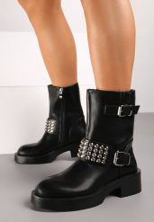 Czarne Botki Biker z Ćwiekami na Szerokim Pasku Ezila. Czarne botki damskie Renee, z jeansu, eleganckie, bez obcasa, na płaskiej podeszwie, bez zapięcia. Za 159.99 zł.