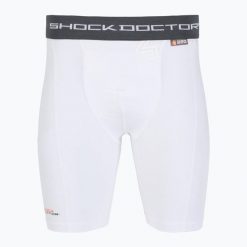 Spodenki kompresyjne z ochraniaczem krocza Shock Doctor Compression. Białe szorty męskie SHOCK DOCTOR, bez kołnierzyka. Za 139.99 zł.