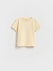 Bawełniany T-shirt z haftem - jasnożółty. Żółte koszulki dziewczęce Reserved, m, bez wzorów, z bawełny, bez ramiączek. W wyprzedaży za 9.99 zł.