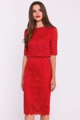 Elegancka ołówkowa dwuczęściowa sukienka koronkowa czerwona. Czerwone sukienki damskie Stylove, m, bez wzorów, z koronki, eleganckie, bez kołnierzyka, bez ramiączek, ołówkowe. Za 449.00 zł.