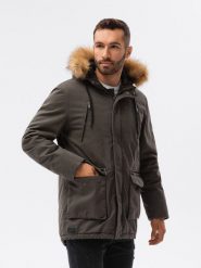 Kurtka męska zimowa parka z dużymi kieszeniami - oliwkowa V1. Zielone kurtki męskie Ombre Clothing, na zimę, m, bez wzorów, z bawełny, bez kaptura. W wyprzedaży za 119.99 zł.