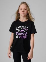 4F T-shirt regular z nadrukiem dziewczęcy - czarny 140 (9-10 lat). Czarne koszulki dziewczęce 4f, bez wzorów, z bawełny, bez ramiączek. Za 49.99 zł.