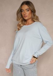 Jasnoniebieski Sweter z Kaszmirem Ozdobiony Kieszeniami Saniswena. Niebieskie swetry klasyczne damskie Renee, uniwersalny, z kaszmiru, bez kołnierzyka. Za 74.99 zł.