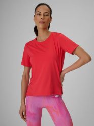 4F Koszulka treningowa loose szybkoschnąca damska - koralowa XS. Czerwone bluzki damskie 4f, xs, bez wzorów, z materiału, bez kołnierzyka. Za 79.99 zł.