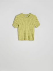 Sweter z ozdobnym splotem - zielony. Zielone swetry klasyczne damskie Reserved, l, z dzianiny, bez kołnierzyka. W wyprzedaży za 49.99 zł.