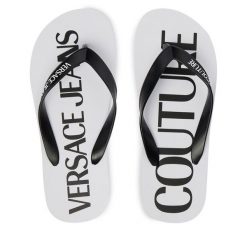 Japonki Versace Jeans Couture. Białe klapki damskie Versace Jeans Couture, bez wzorów, z jeansu, bez obcasa. Za 249.99 zł.