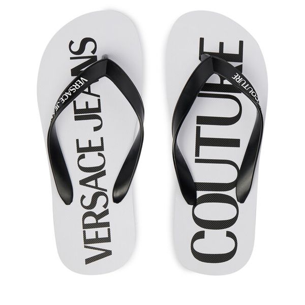 Japonki Versace Jeans Couture. Białe klapki damskie Versace Jeans Couture, bez wzorów, z jeansu, bez obcasa. Za 249.99 zł.