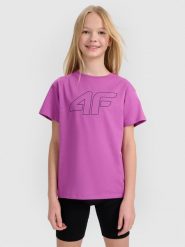 4F T-shirt oversize z nadrukiem dziewczęcy - fioletowy 146 (10-11 lat). Fioletowe koszulki dziewczęce 4f, bez wzorów, z bawełny, bez ramiączek. W wyprzedaży za 29.99 zł.