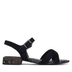 Sandały Tamaris. Czarne sandały damskie Tamaris, bez wzorów, bez obcasa, na słupku. Za 299.99 zł.