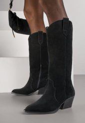 Czarne Kozaki Typu Kowbojki na Stożku z Naturalnego Zamszu Adeora. Czarne kozaki damskie Renee, z jeansu, bez obcasa, na obcasie. Za 229.99 zł.