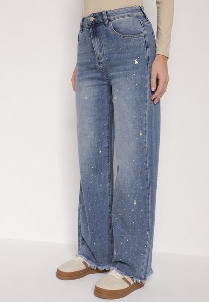 Niebieskie Jeansy z Szerokimi Nogawkami i Wysokim Stanem Zdobione Cyrkoniami Felira. Niebieskie jeansy damskie Born2be, z podwyższonym stanem. Za 119.99 zł.