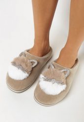 Ciemnobeżowe Kapcie Futrzane z Kotkiem Rirovi. Brązowe kapcie damskie Born2be, z dresówki. Za 29.99 zł.