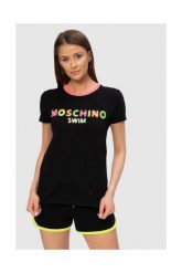 MOSCHINO Czarny t-shirt z neonowym logo. Czarne t-shirty damskie MOSCHINO, s, bez wzorów, prążkowane, bez kołnierzyka. W wyprzedaży za 299.99 zł.