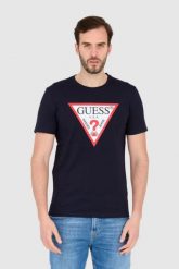 GUESS T-shirt granatowy slim fit. Niebieskie t-shirty męskie Guess, l, z aplikacjami, bez kołnierzyka. W wyprzedaży za 122.99 zł.