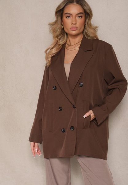 Brązowa Marynarka Dwurzędowa o Przedłużonym Fasonie Pilinne. Brązowe marynarki i żakiety damskie Renee, bez wzorów, z jeansu, biznesowe. Za 129.99 zł.