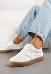 Białe Sneakersy Kultowe Tenisówki z Ozdobnymi Przeszyciami i Tweedem Koriarea. Białe trampki i tenisówki damskie Born2be, bez wzorów, z jeansu. Za 84.99 zł.