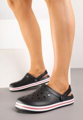 Czarno-Czerwone Klapki z Paskiem Podtrzymującym Piętę Tiaria. Czarne klapki damskie Born2be, bez wzorów, bez obcasa. W wyprzedaży za 31.99 zł.