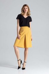 Musztardowa Midi Spódnica w Kształcie Litery A z Kontrafałdą. Brązowe spódniczki damskie Figl, xl, bez wzorów, z materiału, midi, trapezowe. Za 199.00 zł.
