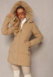 Ciemnobeżowa Pikowana Kurtka z Kapturem i Ozdobnym Futerkiem Zepiola. Brązowe kurtki damskie Renee, l, bez wzorów, z kapturem. Za 189.99 zł.