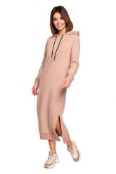 Sportowa Midi Sukienka z Kapturem - Mocca. Białe sukienki damskie MOE, l, bez wzorów, z bawełny, sportowe, bez kołnierzyka, bez ramiączek, midi, sportowe. Za 314.90 zł.