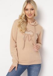 Beżowa Polarowa Bluza z Kapturem i Ściągaczami Ozdobiona Nadrukiem Mleza. Brązowe bluzy z kapturem damskie Born2be, l, z polaru. Za 84.99 zł.