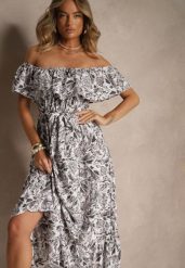 Ciemnoszara Kwiatowa Sukienka Typu Hiszpanka z Bawełną Tiarice. Szare sukienki damskie Renee, na co dzień, na lato, l, bez wzorów, z bawełny, eleganckie, bez kołnierzyka, bez ramiączek, maxi, proste. W wyprzedaży za 67.99 zł.