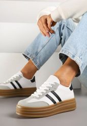 Biało-Czarne Sneakersy w Stylu Tenisówki z Paskami Hirnelia. Białe trampki i tenisówki damskie Renee, bez wzorów, z jeansu. Za 79.99 zł.