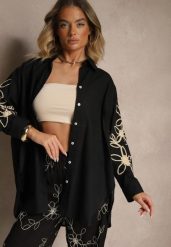 Czarna Koszula z Bawełny o Kroju Oversize z Kwiatowymi Aplikacjami Fadelya. Czarne koszule damskie Renee, s, z aplikacjami, z bawełny, eleganckie, bez kołnierzyka, bez ramiączek. Za 69.99 zł.