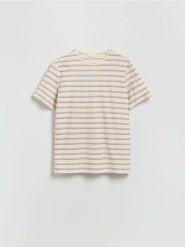 T-shirt regular w paski - bordowy. Czerwone t-shirty męskie Reserved, l, bez wzorów, z bawełny, bez kołnierzyka. Za 69.99 zł.