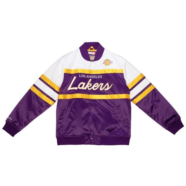 Bluza dresowa zapinana na guziki Los Angeles Lakers. Fioletowe bluzy bez kaptura męskie Mitchell & Ness, z dresówki. W wyprzedaży za 460.50 zł.