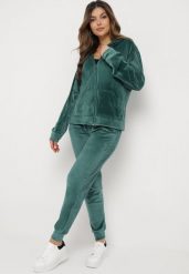 Ciemnozielony 2-Częściowy Welurowy Komplet Dresowy ze Spodniami i Bluzą z Kapturem Bondia. Zielone bluzy z kapturem damskie Born2be, xl, z dresówki. Za 74.99 zł.