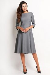Szara Elegancka Rozkloszowana Sukienka Midi z Rękawem 3/4. Szare sukienki damskie Awama, l, bez wzorów, z elastanu, eleganckie, bez kołnierzyka, bez ramiączek, midi, rozkloszowane. Za 197.90 zł.