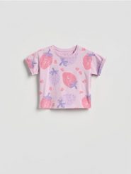 Wzorzysty t-shirt - lawendowy. Fioletowe koszulki dziewczęce Reserved, m, bez wzorów, z bawełny, bez ramiączek. Za 25.99 zł.