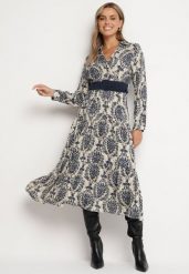 Granatowo-Beżowa Wiskozowa Kopertowa Sukienka w Stylu Boho z Materiałowym Paskiem z Klamrą Rinovia. Niebieskie sukienki damskie Born2be, l, bez wzorów, z materiału, boho, bez kołnierzyka, bez ramiączek, midi, kopertowe. W wyprzedaży za 111.99 zł.