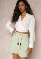 Zielone Bawełniane Szorty z Paskiem Haidiera. Zielone szorty damskie Renee, bez wzorów, z bawełny, eleganckie, z podwyższonym stanem. Za 49.99 zł.