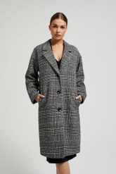 Płaszcz oversize w kratę czarny. Czarne płaszcze damskie MOODO, l, bez wzorów, z poliesteru. W wyprzedaży za 127.99 zł.