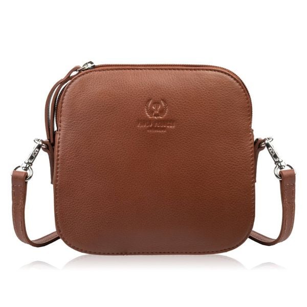 Mała torebka damska skórzana kopertówka na ramię crossbody do ręki koniakowa Paolo Peruzzi AY-24-CG. Szare torebki wieczorowe bez wzorów, z materiału, eleganckie, bez kołnierzyka, bez ramiączek. Za 139.00 zł.