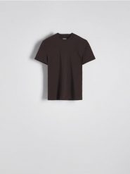 T-shirt regular - ciemnobrązowy. Brązowe t-shirty damskie Reserved, l, bez wzorów, z bawełny, bez kołnierzyka. W wyprzedaży za 22.99 zł.