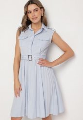 Niebieska Wiskozowa Sukienka Rozkloszowana z Koszulową Górą i Plisami z Paskiem Eviravie. Niebieskie sukienki damskie Born2be, l, bez wzorów, z wiskozy, eleganckie, bez kołnierzyka, bez ramiączek, midi, koszulowe. W wyprzedaży za 175.99 zł.