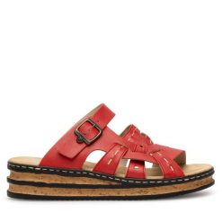 Klapki Rieker. Czerwone klapki damskie Rieker, bez wzorów, bez obcasa. Za 279.99 zł.