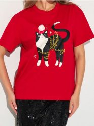 Bawełniana koszulka z motywem świątecznym - czerwony. Czerwone t-shirty damskie Sinsay, l, bez wzorów, z bawełny, bez kołnierzyka. Za 25.99 zł.