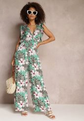 Miętowy Długi Kombinezon Bawełniany w Kwiaty Vegita. Zielone kombinezony damskie Renee, na wiosnę, m, bez wzorów, z bawełny, eleganckie, bez kołnierzyka, bez ramiączek, długie. Za 39.99 zł.
