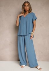Jasnoniebieski Komplet Bluzka i Luźne Spodnie z Wiskozą i Kieszonkami Efraria. Niebieskie spodnie materiałowe damskie Renee, z aplikacjami, z materiału, eleganckie. Za 64.99 zł.