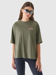 4F T-shirt oversize z nadrukiem damski - oliwkowy/khaki XL. Brązowe t-shirty damskie 4f, xl, bez wzorów, z bawełny, bez kołnierzyka. W wyprzedaży za 29.99 zł.