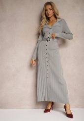 Szara Plisowana Sukienka z Wiskozowej Dzianiny z Kieszeniami i Paskiem Cetida. Szare sukienki damskie Renee, do pracy, z aplikacjami, z dzianiny, biznesowe, bez kołnierzyka, bez ramiączek, maxi, dopasowane. Za 199.99 zł.