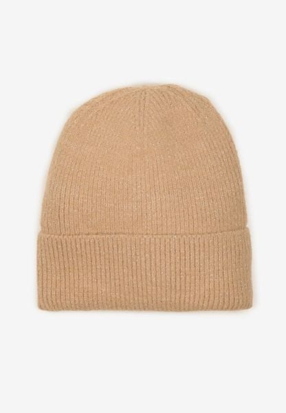 Ciemnobeżowa Czapka z Metaliczną Nicią i Wywinięciem Temivra. Brązowe czapki zimowe damskie Renee, z jeansu. Za 34.99 zł.