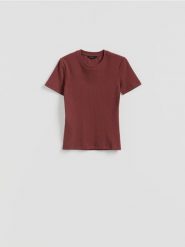 T-shirt w prążek - brązowy. Brązowe t-shirty damskie Reserved, l, bez wzorów, z bawełny, bez kołnierzyka. Za 59.99 zł.