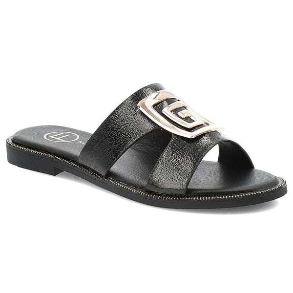 Klapki damskie Filippo, na płaskim obcasie z eko skóry z ozdobą eleganckie, czarne, DK3703-25-BK. Czarne klapki damskie Filippo, z aplikacjami, ze skóry, bez obcasa, na płaskiej podeszwie. Za 99.99 zł.